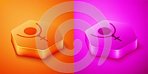 Isometric Ancient astrological symbol of Pluto icon isolated on orange and pink background. Astrology planet. Zodiac and
