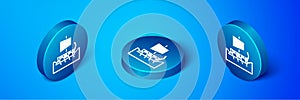 Isometric Ancient Greek trireme icon isolated on blue background. Blue circle button. Vector