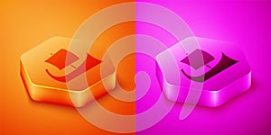 Isometric Ancient Greek trireme icon isolated on orange and pink background. Hexagon button. Vector