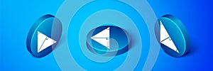 Isometric Angle bisector of a triangle icon isolated on blue background. Blue circle button. Vector