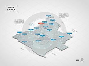 Isometric Angola map with city names and administrative division