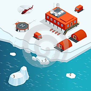 Isometric Antarctica station or polar station with buildings, meteorological research measurement tower, vehicles