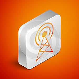 Isometric Antenna icon isolated on orange background. Radio antenna wireless. Technology and network signal radio