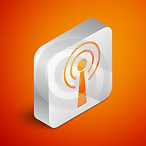 Isometric Antenna icon isolated on orange background. Radio antenna wireless. Technology and network signal radio