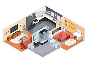 Isometric apartment. Modern apartment interior design with bedroom, living room, kitchen, bathroom. 3d vector home