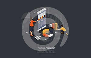 Isometric application of smartphone with business graph and analytics data.