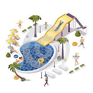 Isometric aqua park concept scene with people relaxing on lounge chair, water slide
