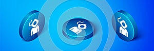 Isometric Aqualung icon isolated on blue background. Diving helmet. Diving underwater equipment. Blue circle button