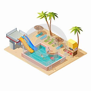 Isometric aquapark with water slides and swimming pool