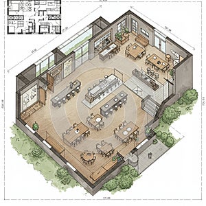 Isometric architectural design of a modern cafÃ© layout. The open