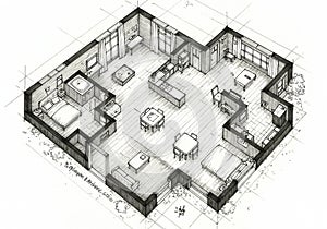 An isometric architectural drawing of a modern apartment layout. It features two