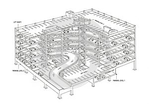 Isometric architectural drawing of a multi-level parking structure. It features several parking