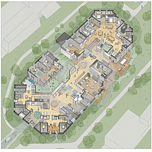 Isometric architectural floor plan of a complex building featuring