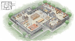 Isometric architectural floor plan of a modern, rectangular building, surrounded by
