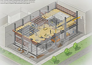 Isometric architectural rendering of a building construction site. The structure is