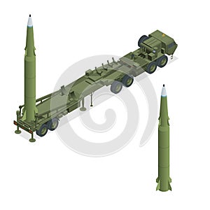 Isometric Army tractor with a rocket. Medium Range Ballistic Missile. Conventional high explosive-unitary, penetration photo