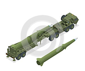 Isometric Army tractor with a rocket. Medium Range Ballistic Missile. Conventional high explosive-unitary, penetration photo
