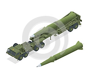 Isometric Army tractor with a rocket. Medium Range Ballistic Missile. Conventional high explosive-unitary, penetration photo