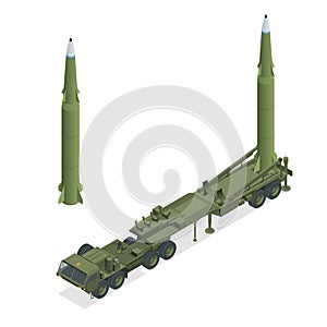 Isometric Army tractor with a rocket. Medium Range Ballistic Missile. Conventional high explosive-unitary, penetration photo