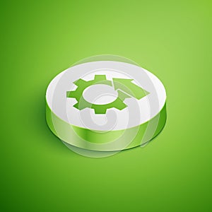 Isometric Arrow growth gear business icon isolated on green background. Productivity icon. White circle button. Vector