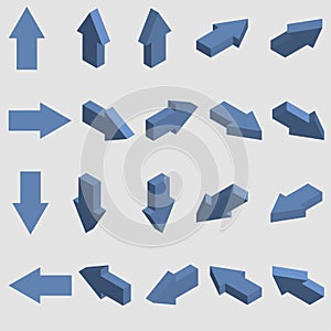 Isometric arrows collection. Set of blue 3d pointers. Vector.