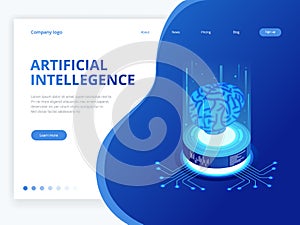 Isometric artificial intelligence business concept. Technology and engineering concept, data connection pc smartphone photo