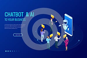 Isometric artificial intelligence. Chat bot and future marketing. AI and business IOT concept. Mans and women chatting