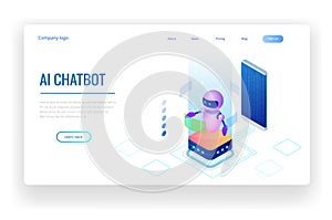 Isometric Artificial Intelligence. Chatbot and future marketing. AI and business IOT concept. Dialog help service