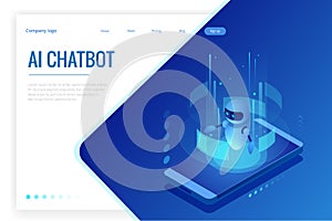 Isometric Artificial Intelligence. Chatbot and future marketing. AI and business IOT concept. Dialog help service