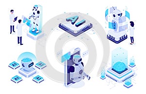 Isometric artificial intelligence. Digital brain neural network, AI servers and robots technology vector illustration set