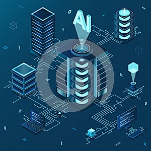 Isometric artificial intelligence technology. Isometric cloud computing concept. Artificial intelligence neural network future