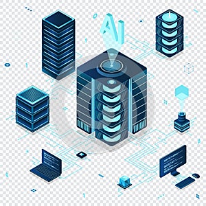 Isometric artificial intelligence technology. Isometric cloud computing concept. Artificial intelligence neural network future