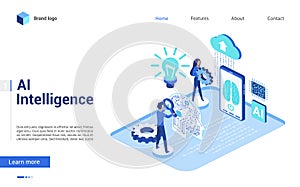 Isometric artificial intelligence vector illustration, website interface creative 3d design with cartoon engineer people