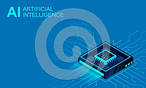 Isometric Artificial intelligence web banner. 3D isometric illustration of a processor chip. The process of data processing