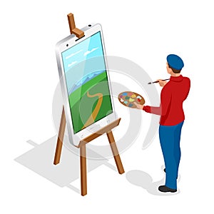 Isometric Artist painting with colorful palette standing near easel. Flat 3d infographic concept vector template.
