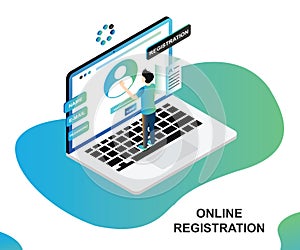 Isometric Artwork Concept of a man using online registration process. photo