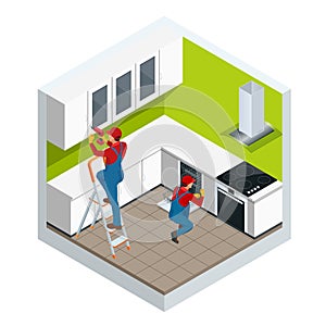 Isometric assembly of kitchen of furniture in the studio apartment concept. Repairman in overalls repairing cabinet