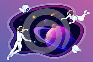Isometric Astronauts and robots at spacewalk. Cosmic and science concept. Galaxies in the universe. People in spacesuits