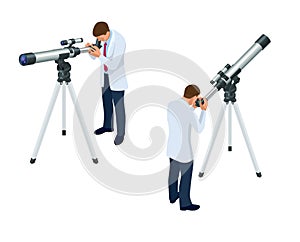 Isometric astronomer through the telescope looks at the sky isolated on white background photo