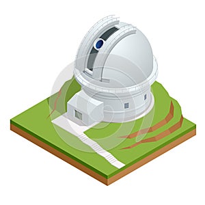 Izometrický astronomický hvězdárna kupole. astronomický dalekohled trubka a. vektor ilustrace 