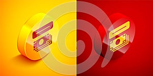 Isometric ATM - Automated teller machine and money icon isolated on orange and red background. Circle button. Vector
