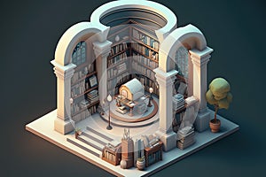 Isometric atmospheric retro bookstore on black background