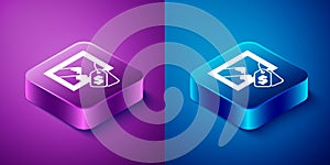 Isometric Auction painting icon isolated on blue and purple background. Auction bidding. Sale and buyers. Square button