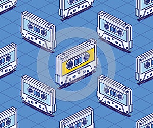 Isometric Audio Cassette Tape Seamless Pattern. Outline Music Concept
