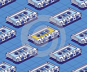 Isometric Audio Cassette Tape Seamless Pattern. Vector Illustration