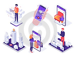 Isometric augmented reality smartphone. Mobile AR platform, virtual game and smartphones 3d navigation vector concept illustration