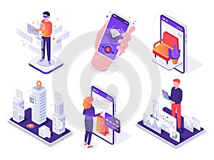 Isometric augmented reality smartphone. Mobile AR platform, virtual game and smartphones 3d navigation vector concept photo