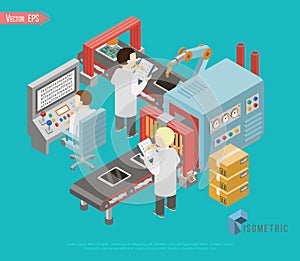 Isometric automated production line concept with people robotic arms and industrial automatic manufacturing process