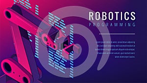 Isometric automated robot arm as robotics programming concept.