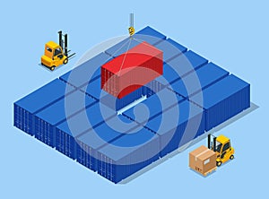 Isometric Automated Transport Vehicles Container Loading Cargo. Container Ship Loading and Unloading in Sea Port